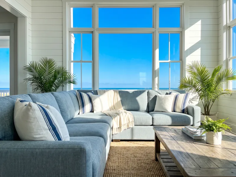 Clean light fabric sofa in a bright living room